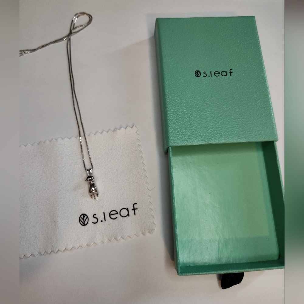 Sterling Silver Cat Pendant Necklace S.leaf With Polishing Cloth